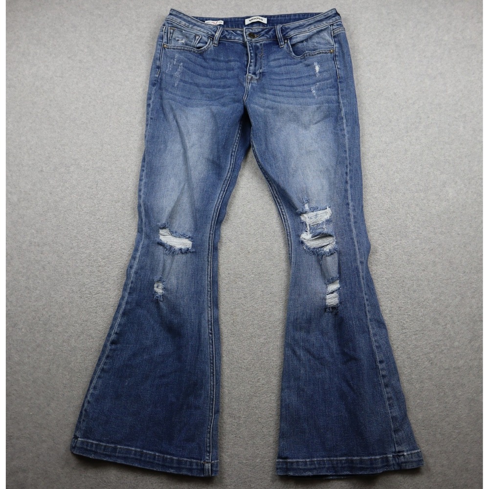 Vigoss Jeans Womens 31 Marley Flare Blue Distressed Ripped Frayed Hem Denim